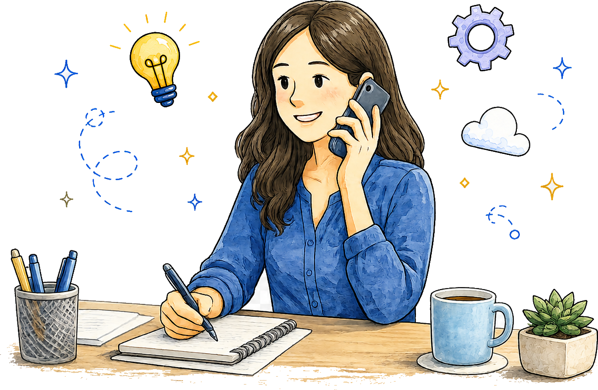 Illustration of a smiling person on a phone call at a desk with a laptop, notepad, and coffee mug.