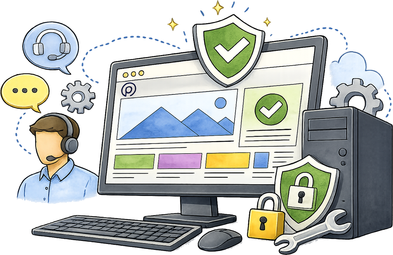 Illustration of a laptop surrounded by IT support icons including security shields, padlocks, a headset-wearing technician, and chat bubbles.