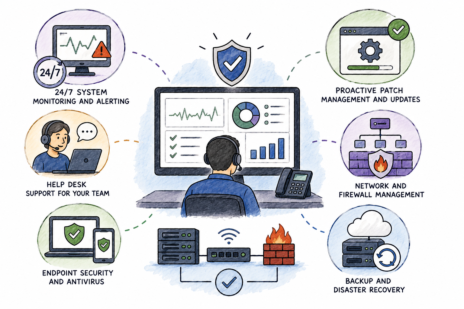 Infographic showing managed IT services: 24/7 system monitoring and alerting, proactive patch management and updates, help desk support, network and firewall management, endpoint security and antivirus, and backup and disaster recovery — all surrounding a technician at a secure workstation.