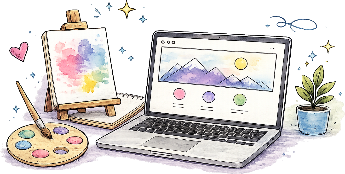Illustration of a laptop displaying a website alongside an artist's easel, paint palette, and brushes.