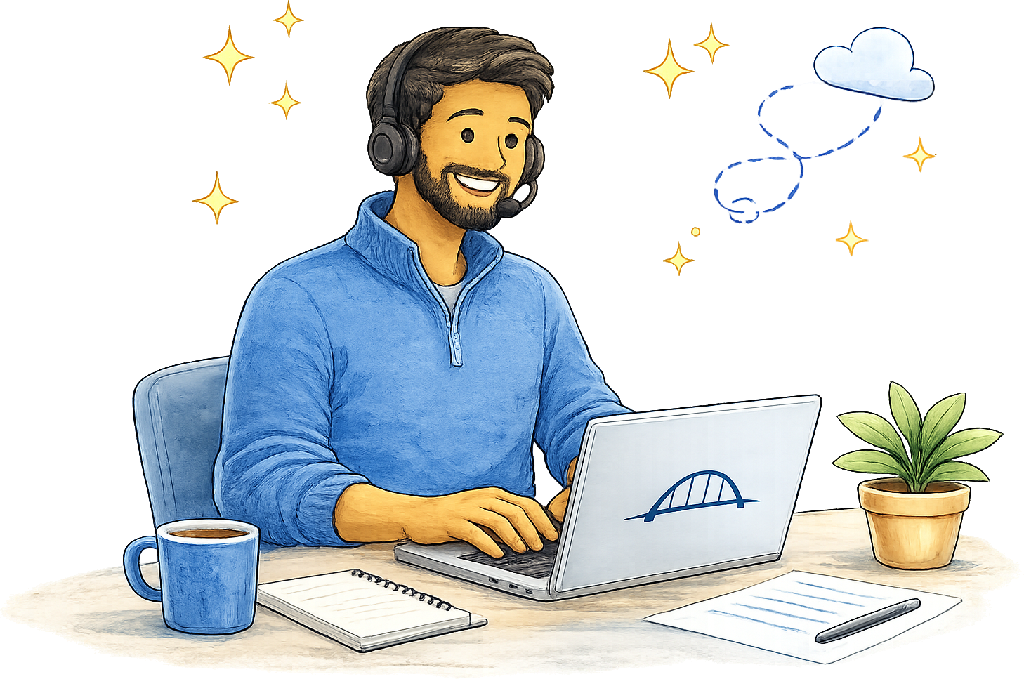 Illustration of a smiling person on a phone call at a desk with a laptop, notepad, and coffee mug.