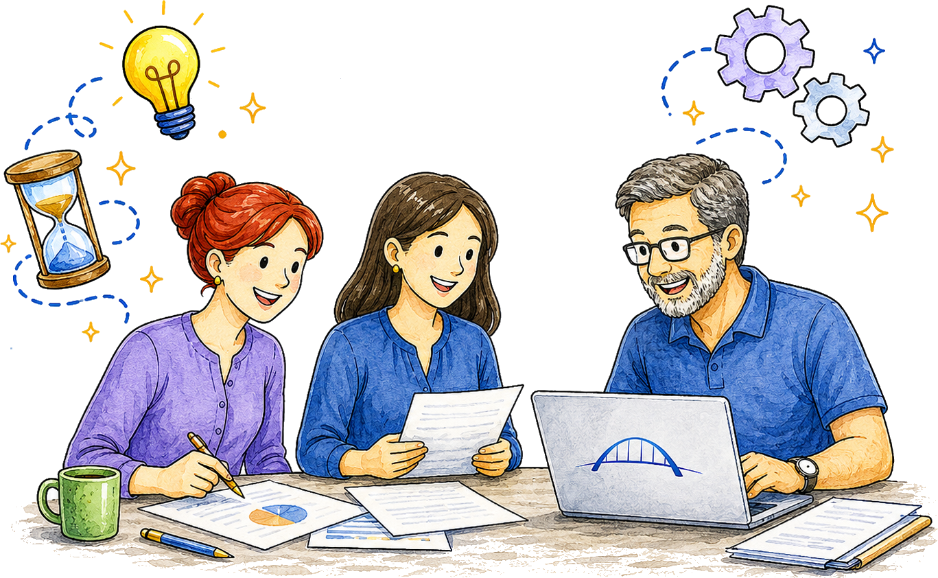Illustration of three team members collaborating at a desk with a laptop and documents, surrounded by icons for ideas and strategy.