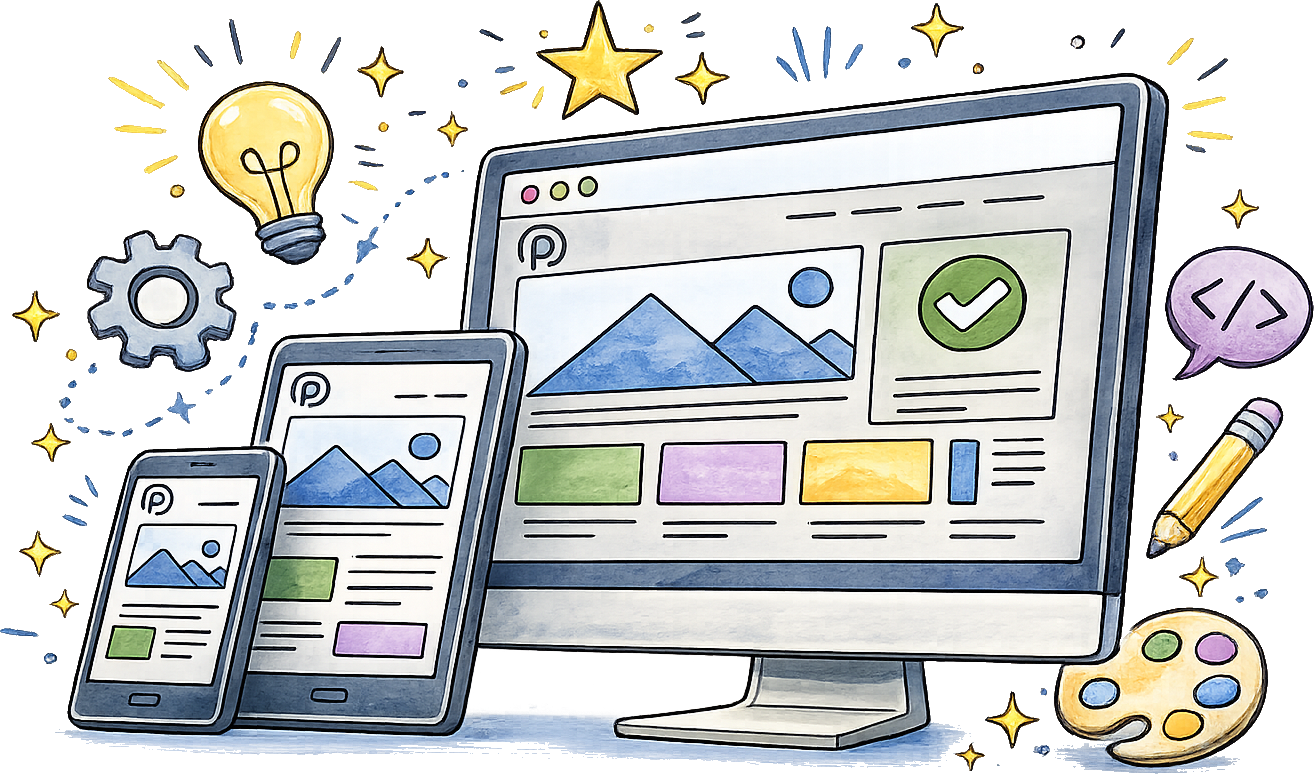 Illustration of a responsive website displayed across a desktop monitor, tablet, and smartphone.