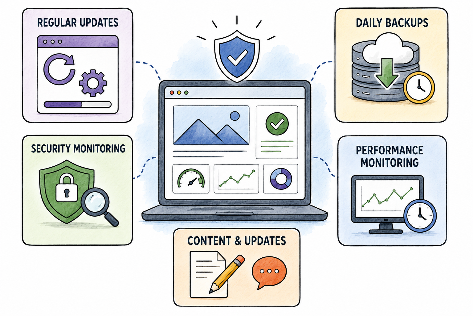Infographic showing managed WordPress service features surrounding a laptop with a security shield: regular updates, daily backups, security monitoring, performance monitoring, and content & updates.