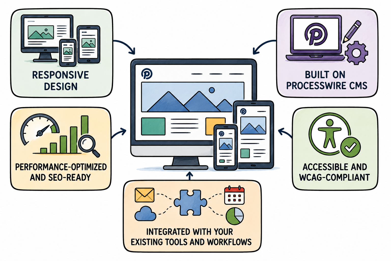 Infographic showing custom website features surrounding a desktop site mockup: responsive design, built on ProcessWire CMS, accessible and WCAG-compliant, performance-optimized and SEO-ready, and integrated with your existing tools and workflows.